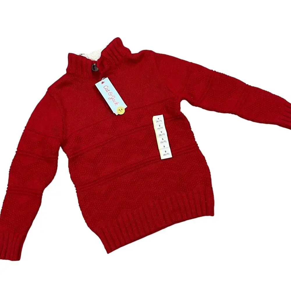 Cat & Jack Boys' Red Textured Mock Neck Button-Up Sweater - Size Small - NWT